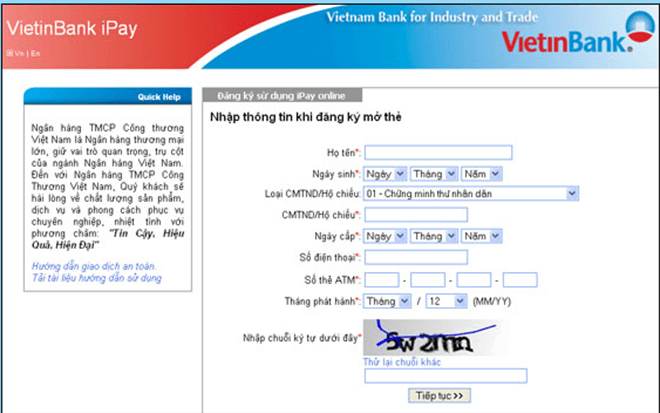 Mở tài khoản Vietinbank Online.