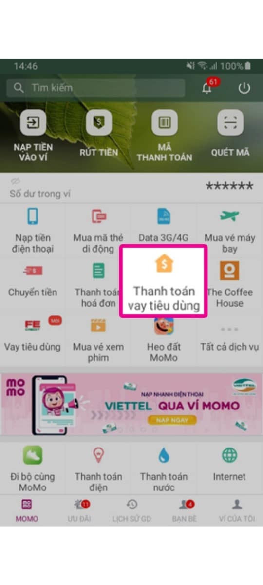 Truy cập ứng dụng Momo trên điện thoại và chon "Thanh toán vay tiêu dùng"