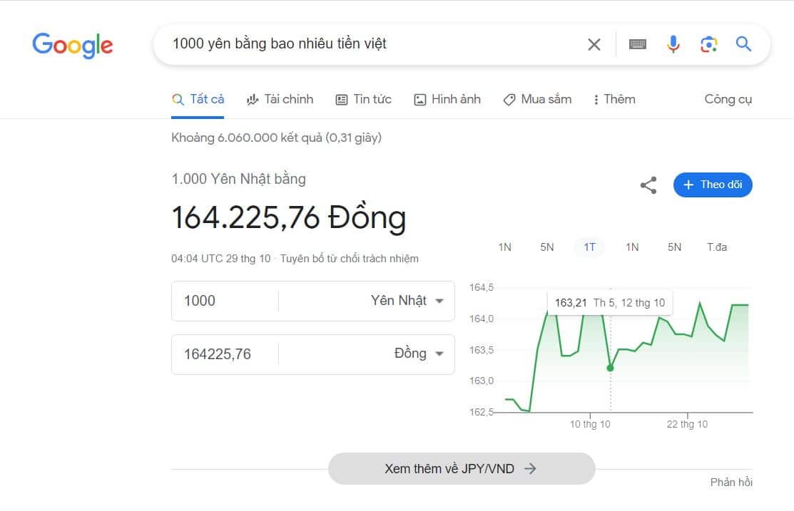 Tra cứu tỷ giá Yên Nhật trên google