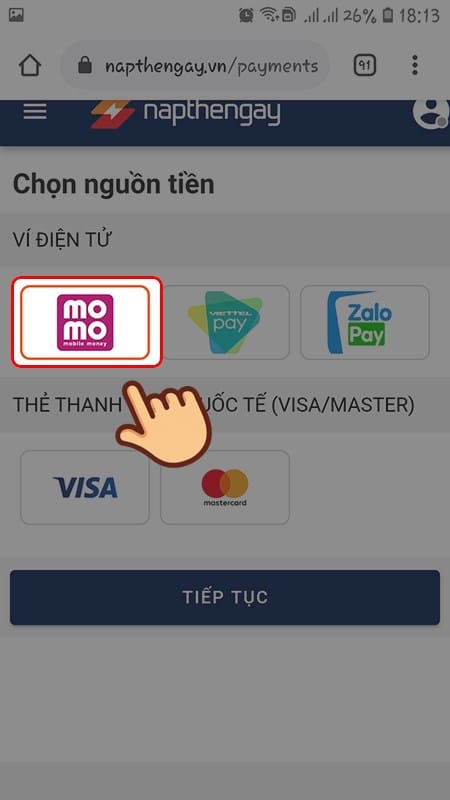 Chọn nguồn tiền thanh toán là ví điện tử Momo
