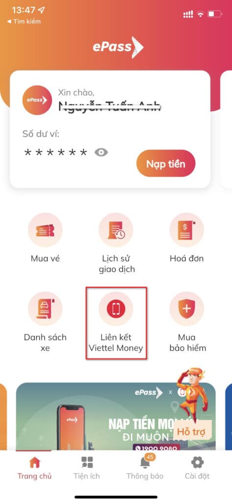 Chọn "Liên kết Viettel Money" tại giao diện trang chủ của ứng dụng ePass